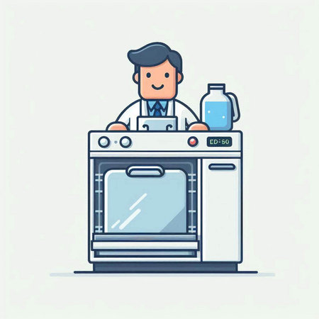 Man in a white coat standing near the gas stove. Vector illustrationのイラスト素材
