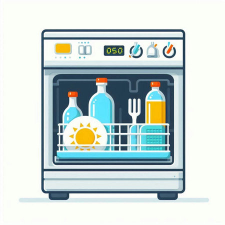 Dishwasher vector illustration in flat style. Household appliance with dishwashing liquid.のイラスト素材