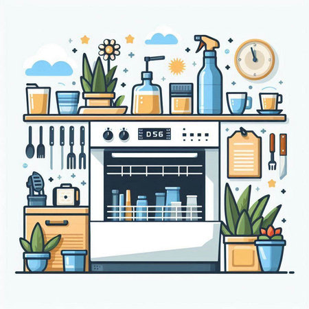 Kitchen interior design. Furniture and kitchenware. Vector illustrationのイラスト素材