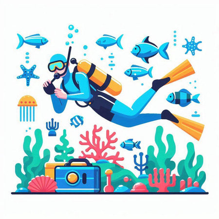 Scuba diving vector illustration. Scuba diver swims in the sea with scuba equipment.のイラスト素材