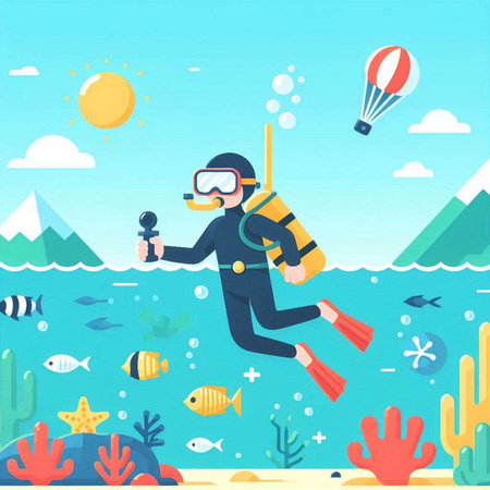 Scuba diving vector illustration. Cartoon scuba diver with mask and snorkel on the seashore.のイラスト素材