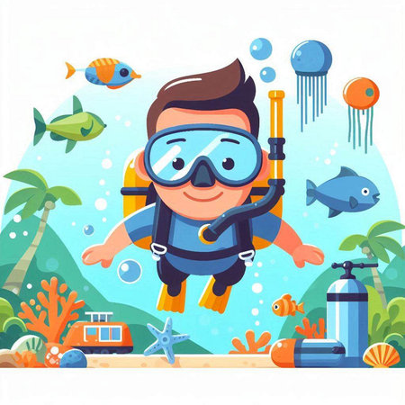 Cute cartoon boy scuba diving in the sea. Vector illustrationのイラスト素材