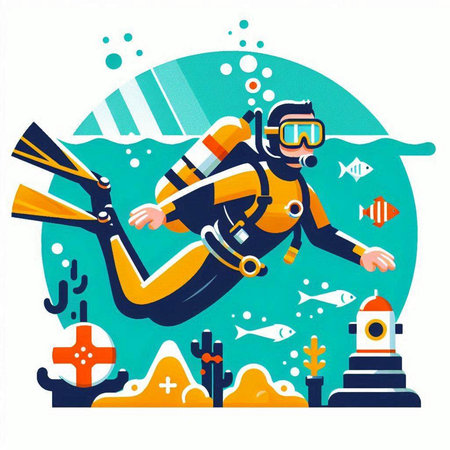 Scuba diving. Scuba diver. Vector illustration in flat styleのイラスト素材