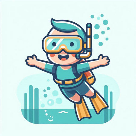 Cute cartoon boy scuba diver. Vector illustration in flat styleのイラスト素材