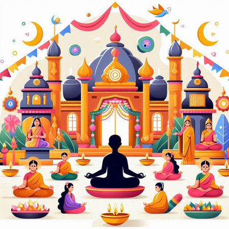Vector illustration of Hindu religious festival in India with people worshiping and prayingのイラスト素材