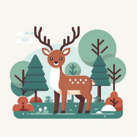 Cute cartoon deer in the forest. Vector illustration in flat styleのイラスト素材
