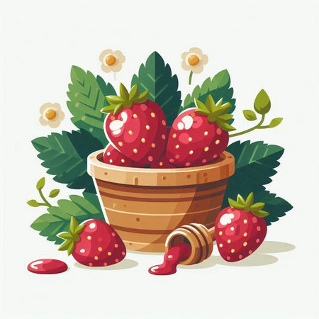 Strawberry in wooden basket with honey and flowers. Vector illustration.のイラスト素材