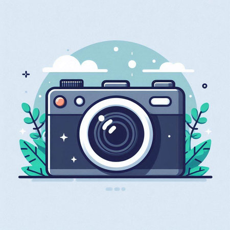 Vector illustration of a camera on a background of nature. Flat style.のイラスト素材