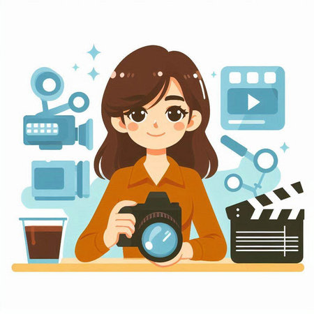 Woman with camera on the background of media icons. Vector illustration.のイラスト素材