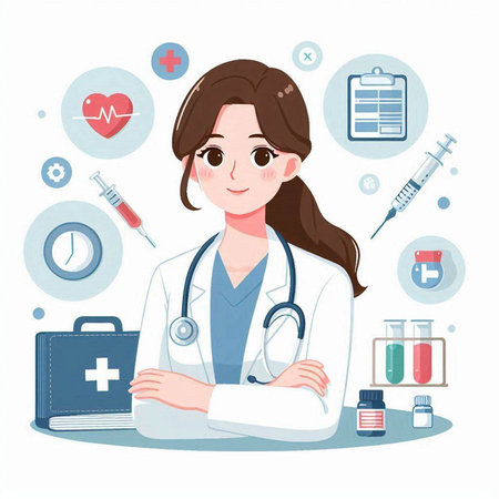Female doctor with stethoscope and medical icons. Vector illustration.のイラスト素材