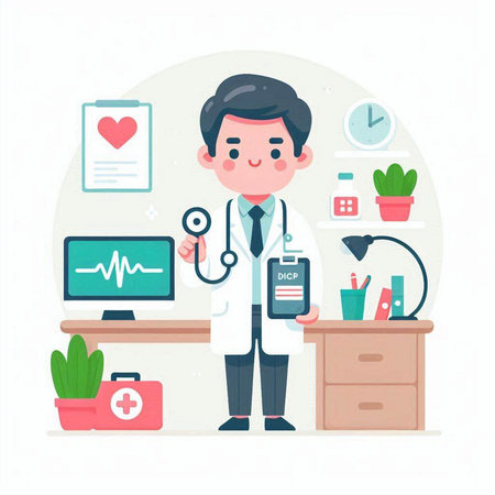 Male Doctor with Stethoscope in his Office. Flat Vector Illustrationのイラスト素材