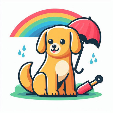 Cute cartoon puppy with umbrella and rain drops. Vector illustration.のイラスト素材