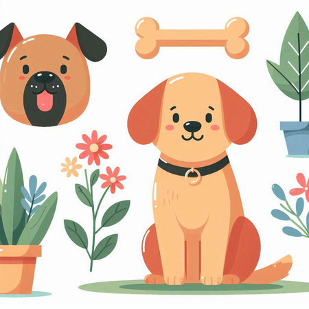 Cute cartoon dog vector illustration. Different breeds of dogs and flowers.のイラスト素材