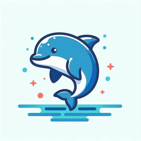 Cute cartoon dolphin jumping in the water. Vector illustration on blue background.のイラスト素材