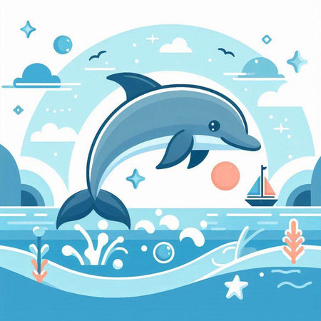 Cute dolphin in the ocean. Vector illustration in flat style.のイラスト素材