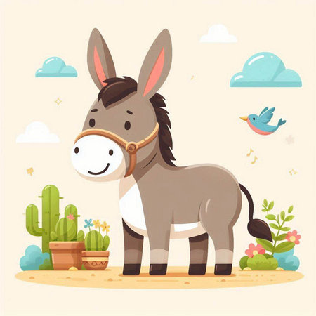 Donkey in the desert. Cute cartoon character. Vector illustrationのイラスト素材