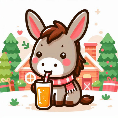Donkey with a glass of juice. Vector illustration in cartoon style.のイラスト素材