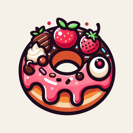 Cartoon donut with strawberry. Vector illustration of sweet food.のイラスト素材