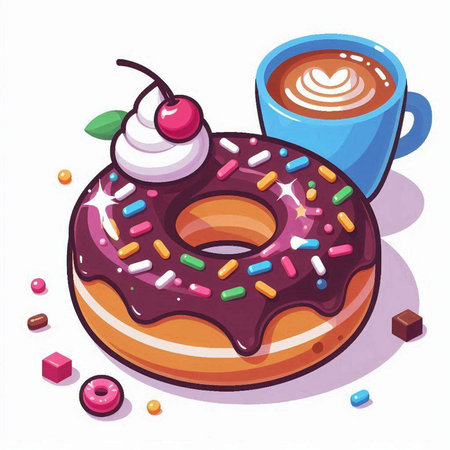 Donut and cup of coffee on a white background. Vector illustration.のイラスト素材
