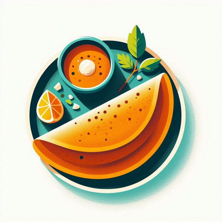 Illustration of a round plate of pancakes with a cup of soup and a lemon on a white backgroundのイラスト素材