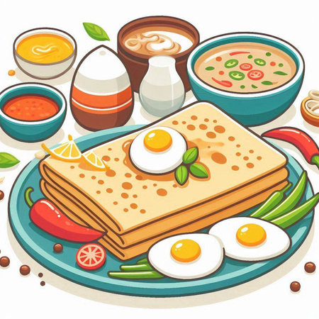 Illustration of traditional indian breakfast - crepe with eggs, chili peppers and saucesのイラスト素材