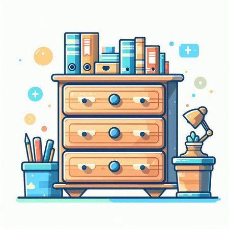 Cabinet with drawers, books and stationery. Vector illustration.のイラスト素材