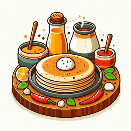Pancakes with spices and herbs on a wooden board. Vector illustration.のイラスト素材