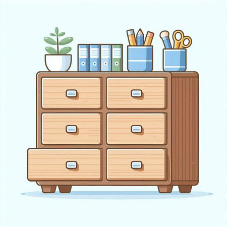 Wooden chest of drawers with office supplies. Vector illustration.のイラスト素材