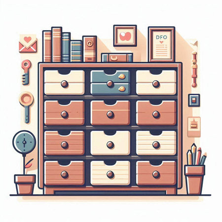 Cabinet with books and accessories. Vector illustration in flat styleのイラスト素材