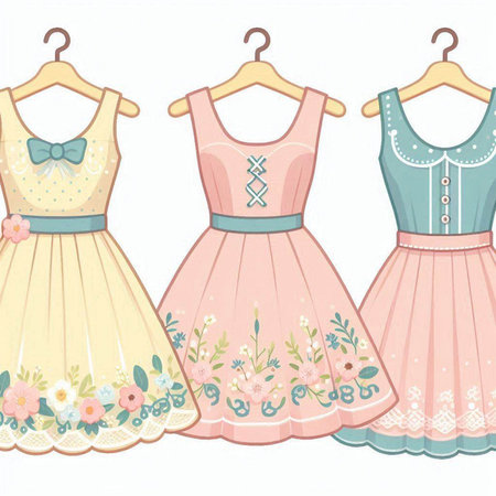 Illustration of a set of dresses with floral pattern on a white backgroundのイラスト素材