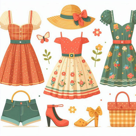 Clothes and accessories set. Vector illustration in flat cartoon style.のイラスト素材