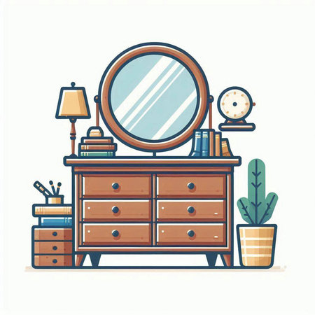 Dressing table with mirror, lamp and houseplant. Vector illustration in flat styleのイラスト素材