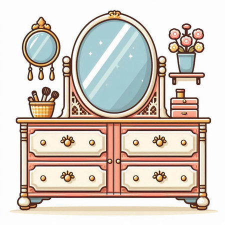 Vintage dressing table with mirror and mirror. Vector illustration in cartoon styleのイラスト素材