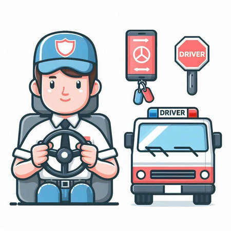 Car driver with steering wheel and stop sign. Vector cartoon illustration.のイラスト素材