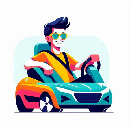 Young man riding a sports car. Vector illustration in cartoon style.のイラスト素材