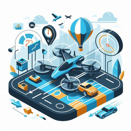 Drone delivery service isometric composition with modern drone on the road vector illustrationのイラスト素材