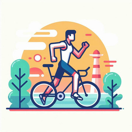 Vector illustration of a man riding a bicycle in the park. Flat style design.のイラスト素材