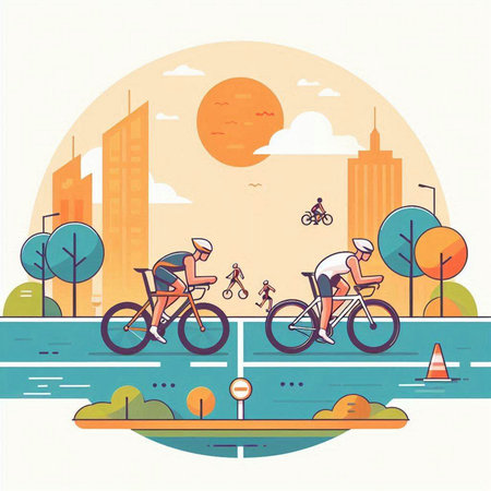 Bicyclists in the city. Flat design vector illustration.のイラスト素材