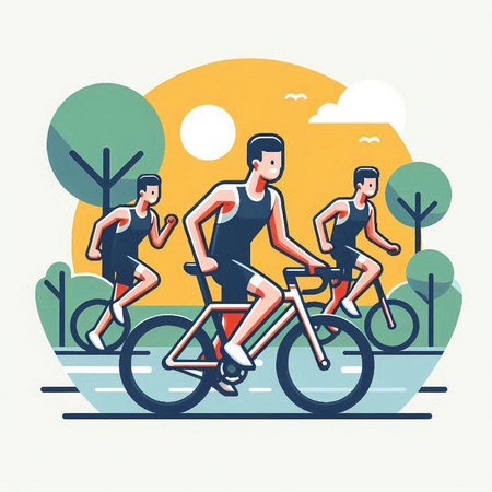 Group of people cycling in the park. Vector illustration in flat styleのイラスト素材