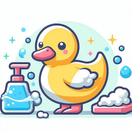 Cute rubber duck with soap and detergent. Vector illustration.のイラスト素材