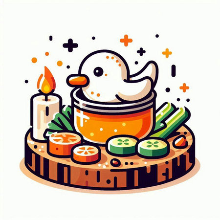Cute vector illustration of a bird in a pot with vegetables and spices.のイラスト素材