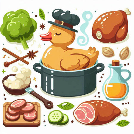 Cooking food. Cute cartoon chicken in a pot with ingredients.のイラスト素材