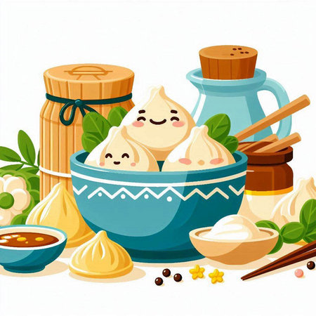 Vector illustration of Chinese dumplings in ceramic bowl with various ingredients.のイラスト素材