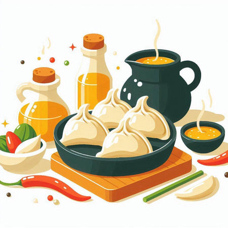 Steamed dumplings in a frying pan. Vector illustration.のイラスト素材