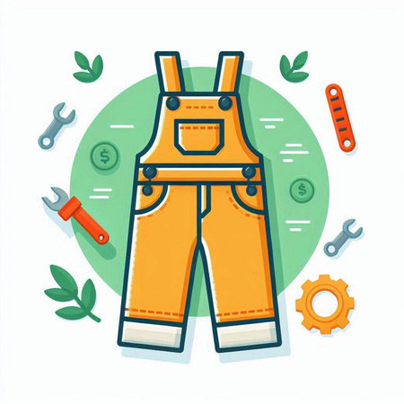 Vector illustration of yellow work overalls and tools on white background.のイラスト素材