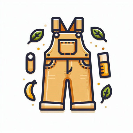Vector illustration of yellow work overalls with green leaves in flat style.のイラスト素材