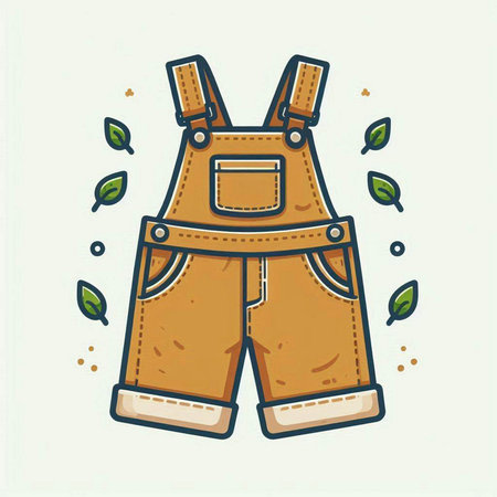 Vector doodle illustration of denim overalls with leaves on white background.のイラスト素材