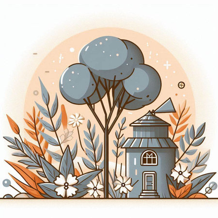 Hand drawn vector illustration of a tree with a house in the backgroundのイラスト素材
