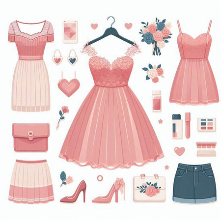 Vector set of women's clothing and accessories. Illustration in cartoon style.のイラスト素材