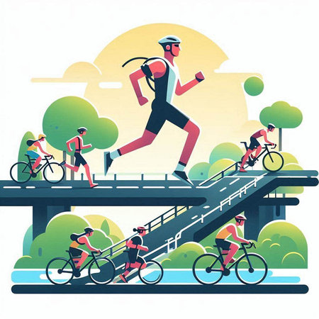 Cyclists on the bridge. Vector illustration in flat style.のイラスト素材